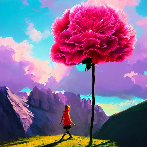 Image similar to giant carnation flower as a head, girl hiking in the dolomites, surreal photography, sunrise, dramatic light, impressionist painting, colorful clouds, digital painting, artstation, simon stalenhag