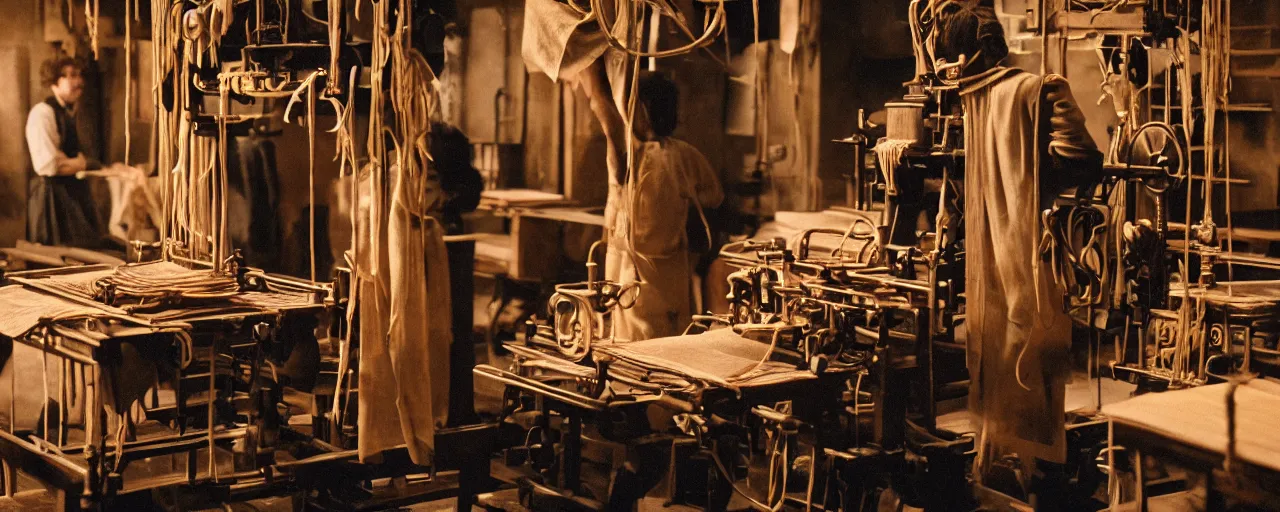 Image similar to the invention of the printing press using spaghetti, small details, intricate, canon 8 0 mm, cinematic lighting, wes anderson film, kodachrome