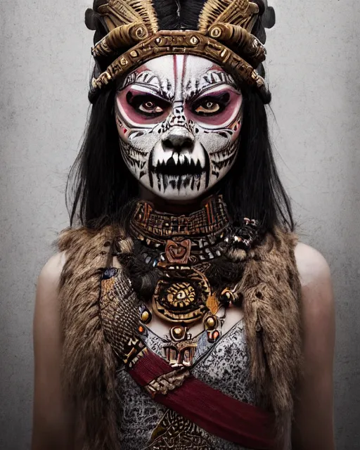 Image similar to photorealistic headshot of beautiful female ornate fantasy viking indian tribal aztec warrior, angry, black skull warpaint, Neil Blevins, James Paick, Natasha Tan Maciej Kuciara, Frank frazetta, arney freytag, Ritu Kumar, Sabyasachi Mukherjee, Magic the gathering, octane, bokeh, 8k, fashion pose, cinematic, 28mm