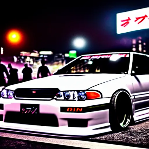 Image similar to a car JZX100 twin turbo drift at illegal car meet, Shibuya prefecture, city midnight mist lights, cinematic lighting, photorealistic, highly detailed wheels, high detail