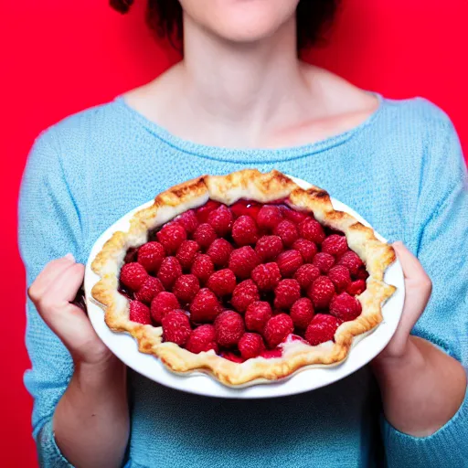 Prompt: A woman holding raspberry pie, red background