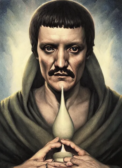 Image similar to pedro pascal as aleister crowley the grand mage of thelema. art by tom bagshaw and greg danton and manuel sanjulian