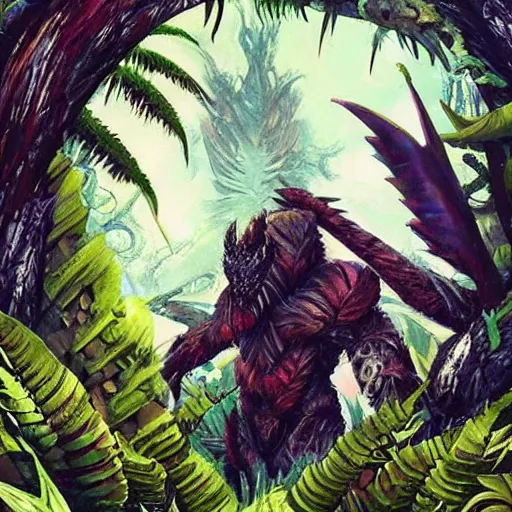 Prompt: Monster Hunter, Fantasy art, paint on canvas, ink, Dark green, dark red, white, ferns and tropical trees in background, Monster Hunter aesthetic, fantasy aesthetic