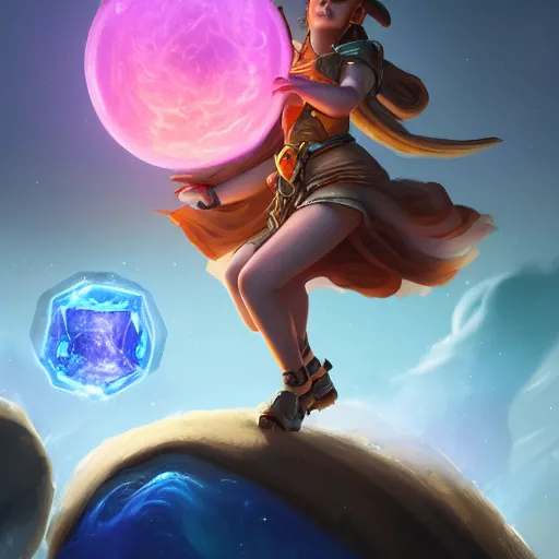 Image similar to a player goddess rolling a planet on finger floating in space, highly detailed, digital painting, artstation, octane render, concept art, matte, sharp focus, hearthstone, illustration