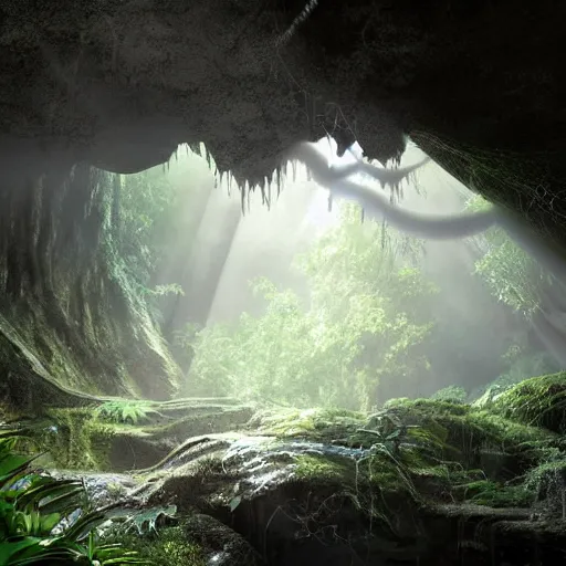 Image similar to mystical cave with lush vegetation and spiderwebs hanging from ceiling, light shining through, sharp focus, highly detailed, cgsociety, desaturated, hazy