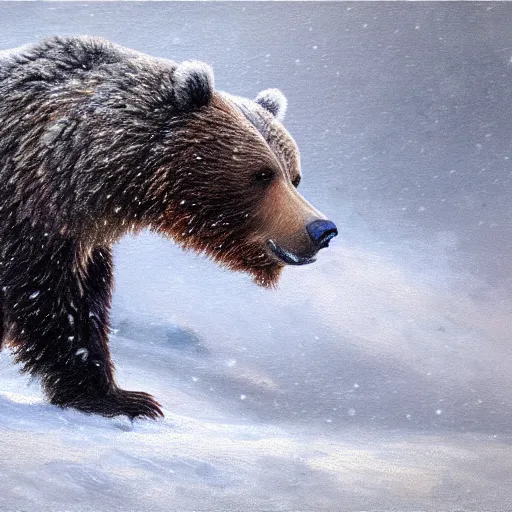 Image similar to grizzly bear in a snow storm, impressionism, artstation