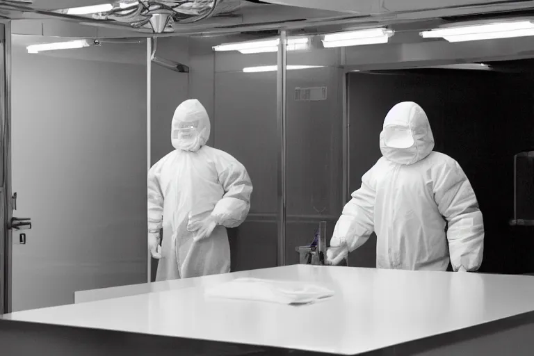 Prompt: man wearing hazmat suit in cleanroom examining alien. by Roger Deakins