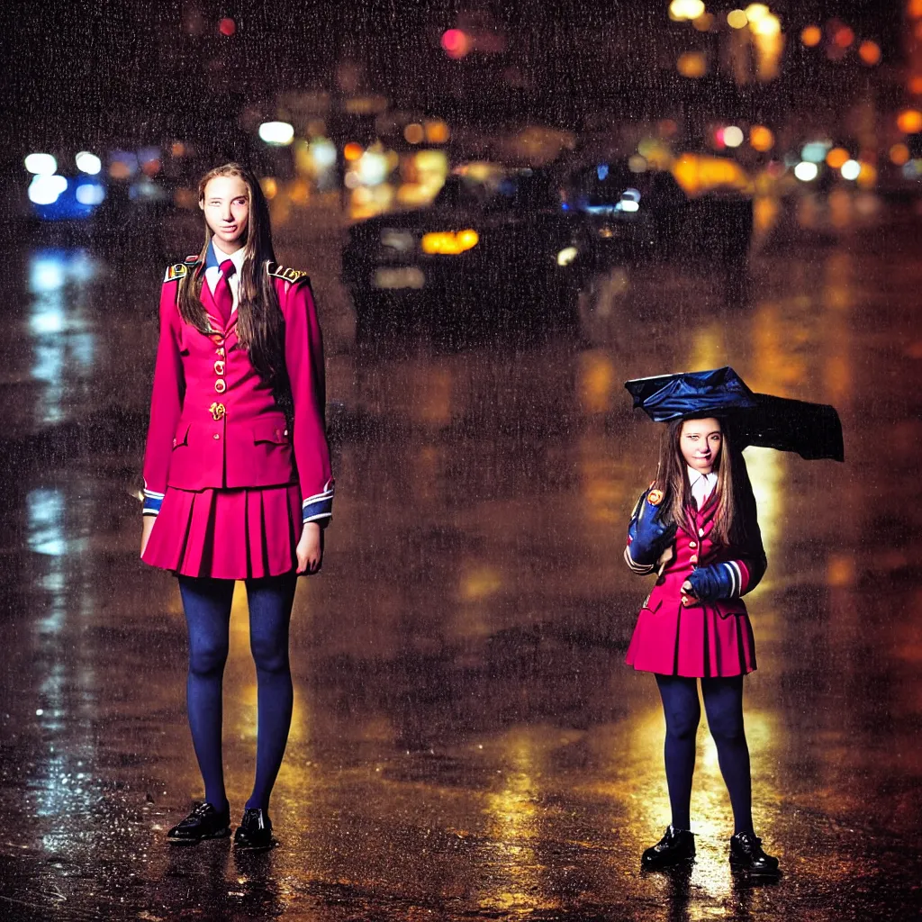 Image similar to night flash portrait photography of a high school girl in uniform on the lower east side by annie leibovitz, colorful, nighttime!, raining!