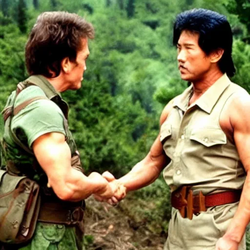 Prompt: a still of Rambo First blood with Kim Jong-il on the role of John Rambo