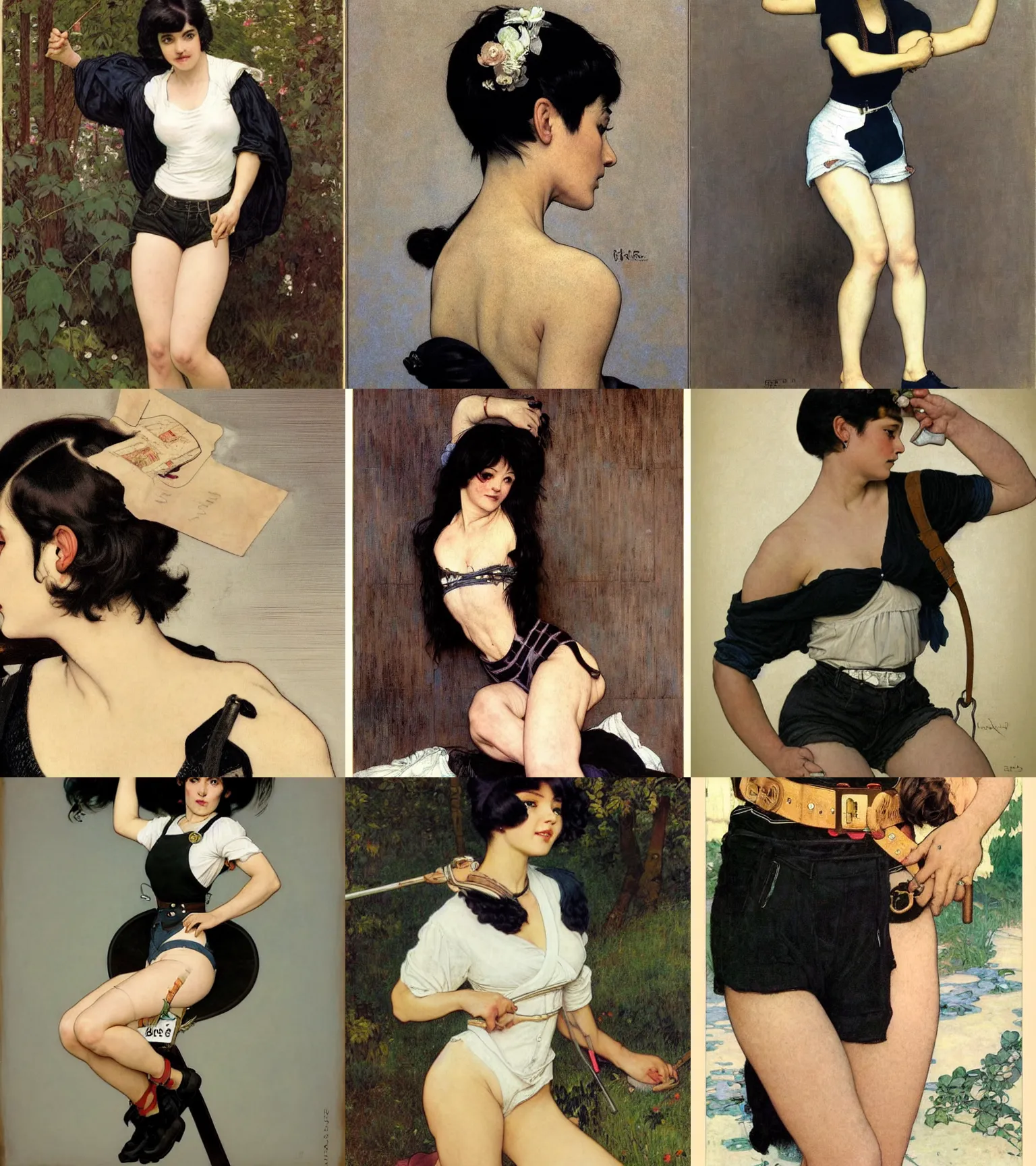 Prompt: a woman with black hair and long pixie haircut in shorts with suspenders and white t-shirt drawn by juan gimenez, Alexandre Cabanel, norman rockwell, peter paul rubens, maler collier, frank frazetta, alphonse mucha, gustav klimt 4k, unreal 5, DAZ, french noveau, trending on artstation, octane render, hyperrealistic