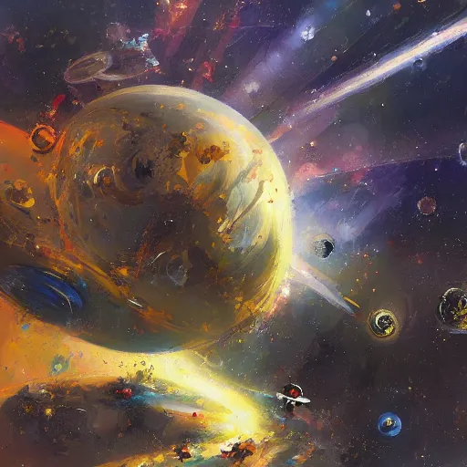 Prompt: space background warp, concept art oil painting, loosely detailed, brush hard by john berkey