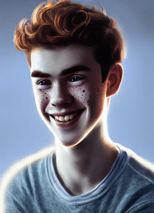 Image similar to portrait of teenage archie andrews, freckles, curly middle part haircut, curly hair, smiling kindly, friendly, 1 9 5 0 s, intricate, elegant, glowing lights, highly detailed, digital painting, artstation, concept art, smooth, sharp focus, illustration, art by wlop, mars ravelo and greg rutkowski