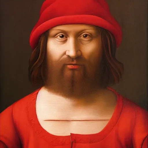 Image similar to a painting of a man wearing a red shirt, a character portrait by Quirizio di Giovanni da Murano, reddit, renaissance, da vinci, detailed painting, academic art