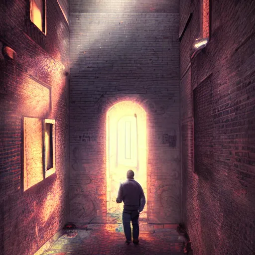 Image similar to a man finding a secret portal in an alley, highly detailed, digital art, 8k, cinematic lighting