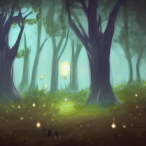 Image similar to forest at night with floating lights concept art