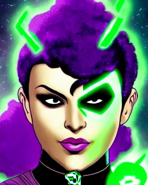 Image similar to photos of a real life soranik natu soaring thru outer space as a Green Lantern beautiful, photogenic, purple skin, short black pixie like hair, photorealistic, cinematic