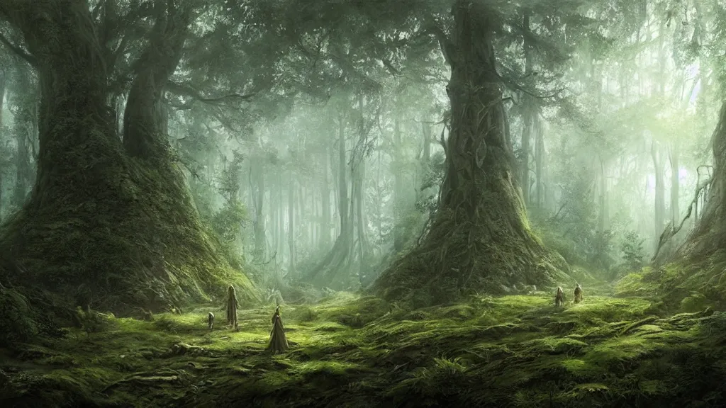 Image similar to peaceful elven forest, thick forest, large living trees are visible in the background, by alan lee, michal karcz, smooth details, lord of the rings, game of thrones, smooth, detailed terrain, oil painting, trending artstation, concept art, fantasy matte painting