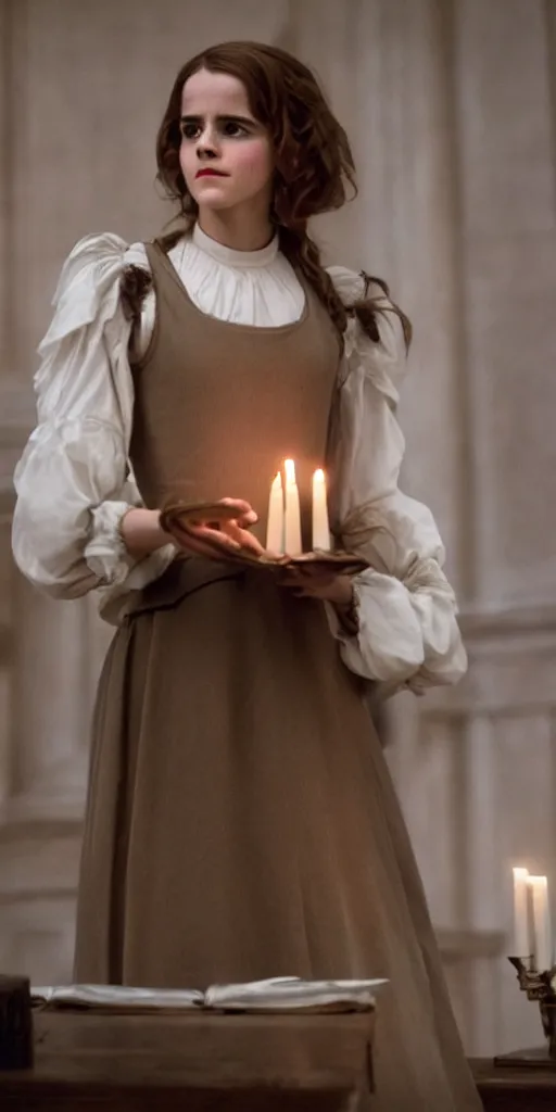 Image similar to Emma Watson as Hermione Granger in Kubrick's Barry Lyndon, natural candle lighting, movie still