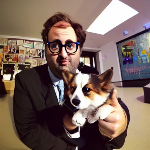 Image similar to Eric Wareheim with a corgi, fisheye lense