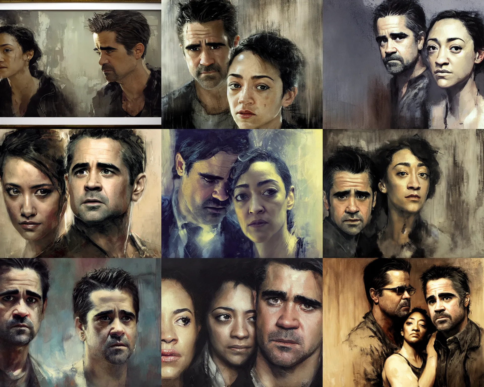 Prompt: family, colin farrell and ruth negga, detailed face, highly detailed, by jeremy mann