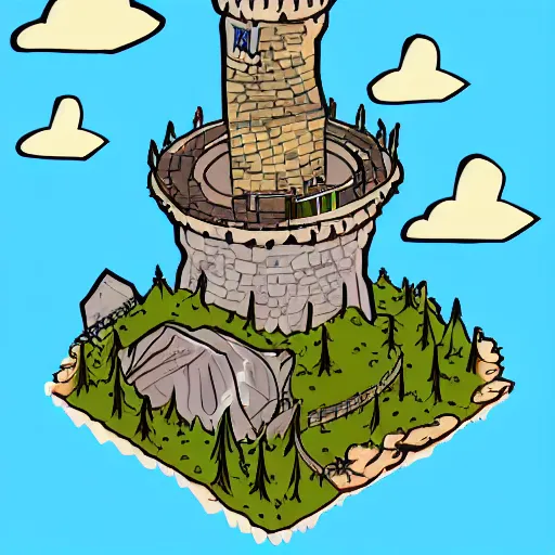 Image similar to Aerial view of a wizard tower next to a few mines and a few caves, lineart, colored