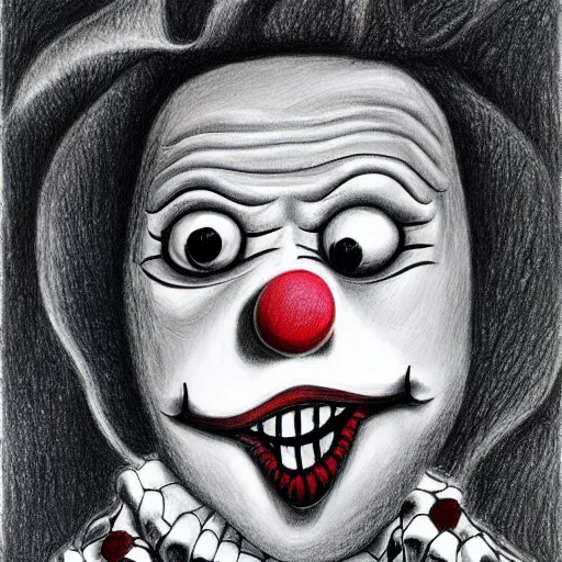 Prompt: surrealism drawing of a clown by tim burton