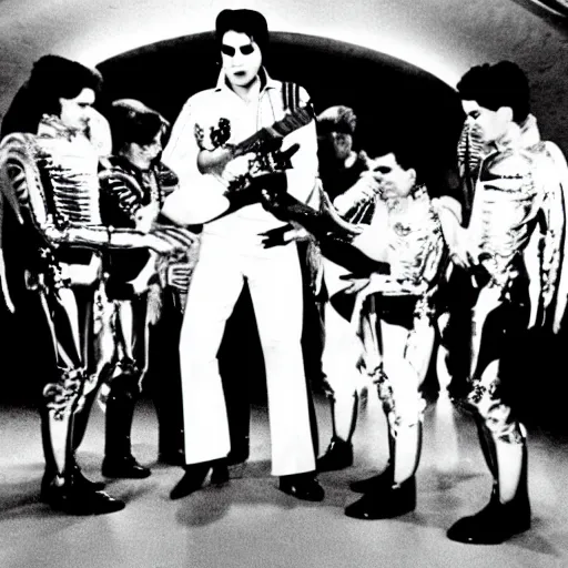 Prompt: photograph of elvis meeting aliens from another world, in alien spaceship