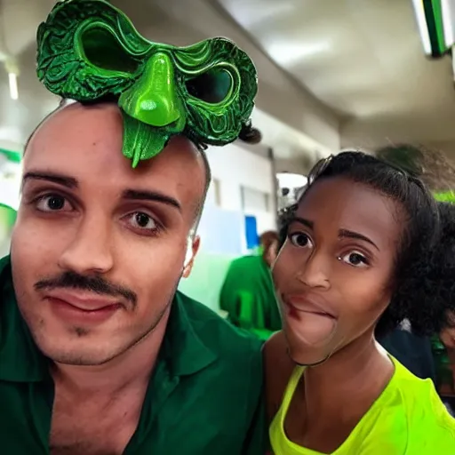 Image similar to a man in a green rubber mask takes a selfie with a girl