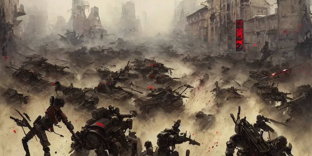 Image similar to french army and civilians are getting slaughtered by samurai robots in the interbellum paris, detailed painting, intense heavy street battle, bullet hell, pile of bodies, artillery bombings, blood on the streets, art by greg rutkowski and jakub rozalski