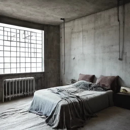 Image similar to concrete brutality bedroom interior, moss lining the walls, morning sunlight