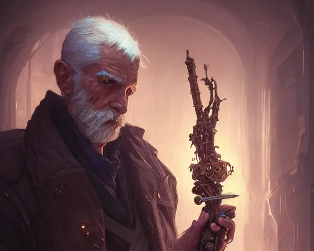 Prompt: old man with cyberpunk walking stick, deep focus, d & d, fantasy, intricate, elegant, highly detailed, digital painting, artstation, concept art, matte, sharp focus, illustration, hearthstone, art by artgerm and greg rutkowski and alphonse mucha