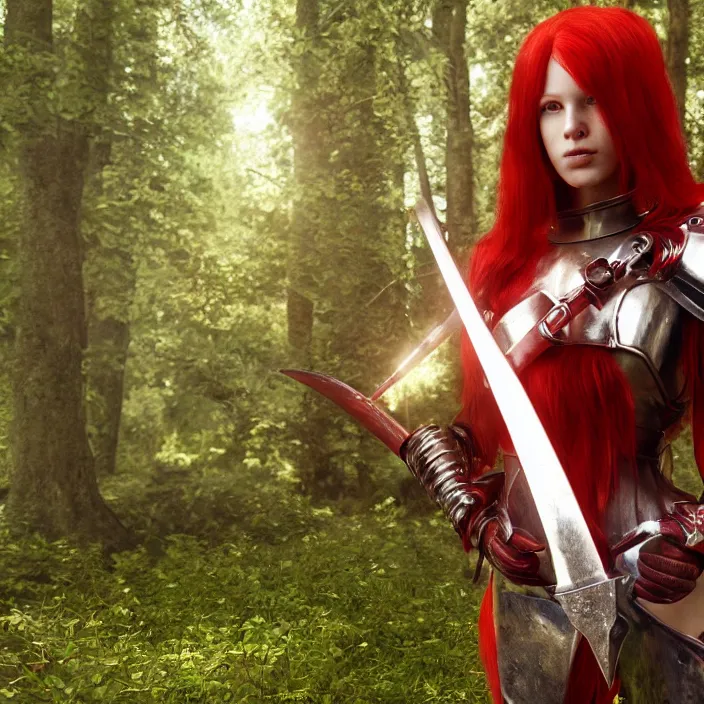Image similar to a girl with long red hair wearing a red plate armor and holding a big red sword in a forest, 3d render, octane render, unreal engine 5, 8k hdr, hyperrealistic, highly detailed, high quality, concept art, trending on Artstation