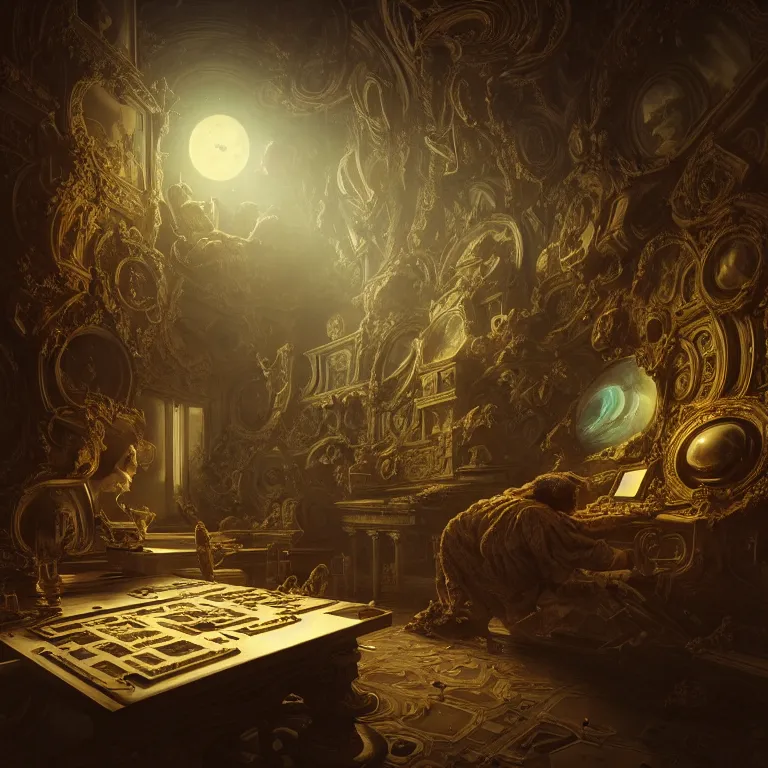 Image similar to motherboard, chip circuit, computer, dream - like atmosphere, baroque landscape painting, perfect composition, beautiful detailed intricate insanely detailed octane render trending on artstation, 8 k artistic photography, photorealistic, soft natural volumetric cinematic perfect light, chiaroscuro, award - winning photograph, masterpiece, raphael, caravaggio, greg rutkowski, beeple