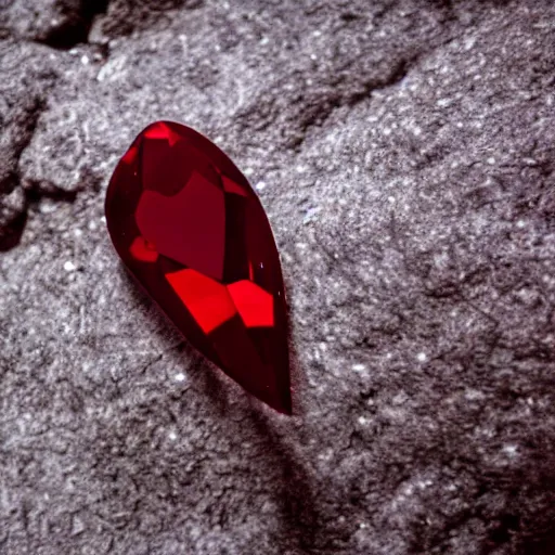 Image similar to a deep red, glowing, long crystal on a rock, film grain