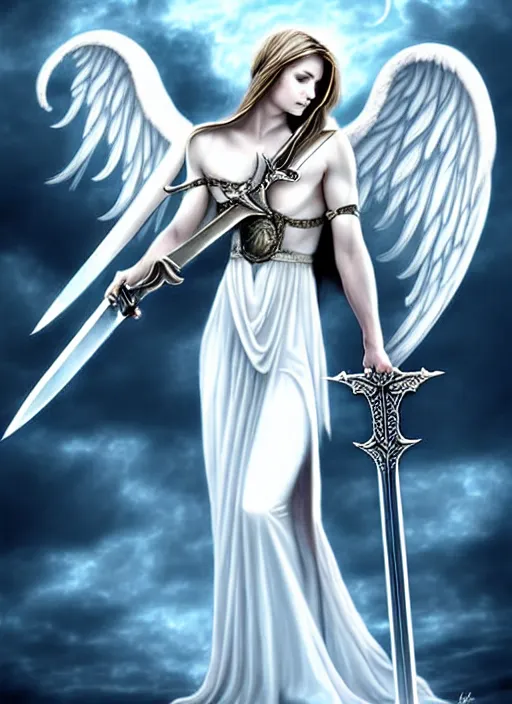 Image similar to a white angel holding a sword and a sword, digital art by Anne Stokes, deviantart, fantasy art, angelic photograph, wiccan, deviantart