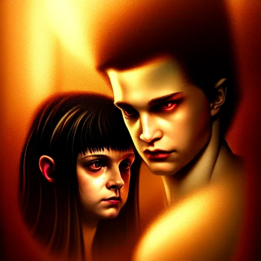 Prompt: Twilight version of Stranger Things, Portrait of Edward and Bella, diffuse lighting, fantasy, intricate, elegant, highly detailed, lifelike, photorealistic, digital painting, artstation, illustration, concept art, smooth, sharp focus, art by Artem Demura