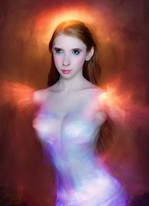 Prompt: of ethereal fantasy, young beautiful Amouranth, elegant, ethereal dreamy light, art by Nicola Samuri