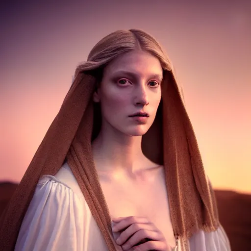 Image similar to photographic portrait of a stunningly beautiful renaissance priestess female in a white eyes trance, in soft dreamy light at sunset, contemporary fashion shoot, by edward robert hughes, annie leibovitz and steve mccurry, david lazar, jimmy nelsson, breathtaking, 8 k resolution, extremely detailed, beautiful, establishing shot, artistic, hyperrealistic, beautiful face, octane render