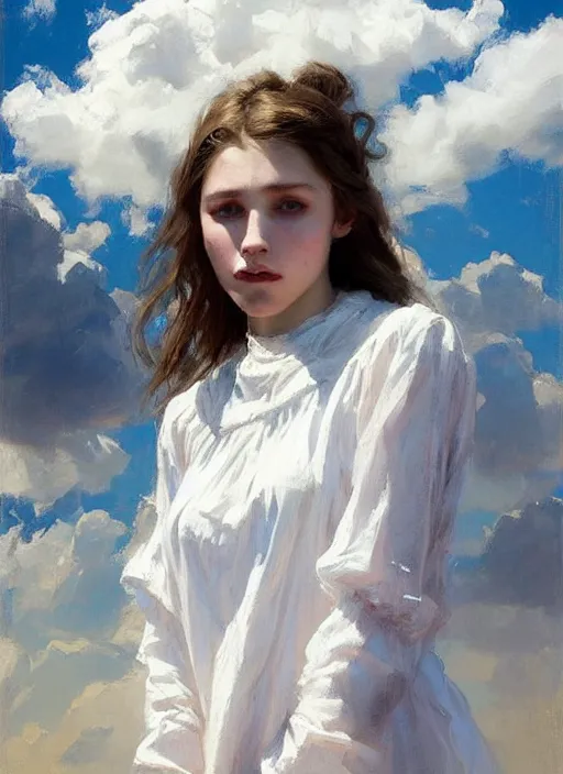 Image similar to portrait of girl dressed in white clothes , countryside, fantasy character portrait, dynamic pose, above view, view from above, sunny day, thunder clouds in the sky, artwork by Jeremy Lipkin and Giuseppe Dangelico Pino and Michael Garmash and rob rey, very coherent symmetrical artwork, perfect face, simple form, 100mm