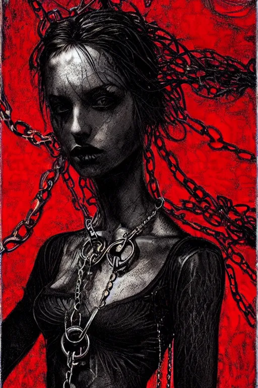 Image similar to dreamy gothic girl, black leather slim clothes, chains, red water, beautiful body, detailed acrylic, grunge, intricate complexity, by dan mumford and by alberto giacometti, peter lindbergh