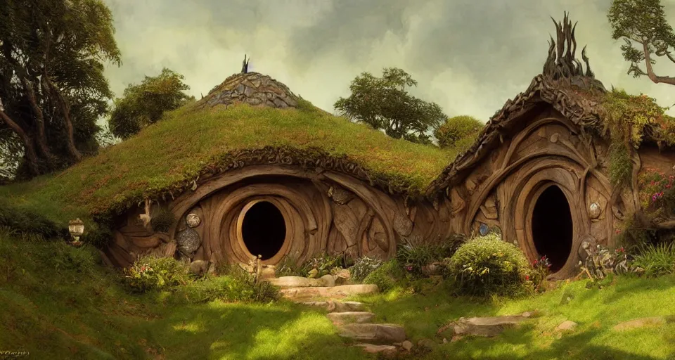 Image similar to hobbiton, hobbits, intricate, elegant, highly detailed, john park, frazetta, john howe, ruan jia, jeffrey catherine jones