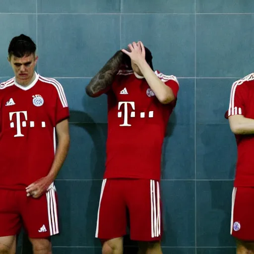 Prompt: bayern munchen football players in the shower after a big defeat, looking devastated