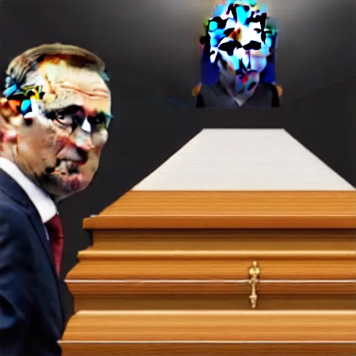 Image similar to alexey navalny takes a selfie, vladimir putin in coffin on the background, insane details, clear face and eyes, textured, 8 k, professional photography