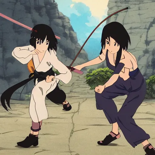 Prompt: two Female ninja fighting with katana swords , by Dice Tsutsumi, Makoto Shinkai, Studio Ghibli