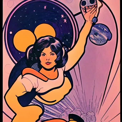 Image similar to a chubby woman with straight brown hair, floating in space. she is an astronaut, wearing a space suit. well composed, clean elegant painting, beautiful detailed face. comic book art by steve ditko and jack kirby and ( alphonse mucha )