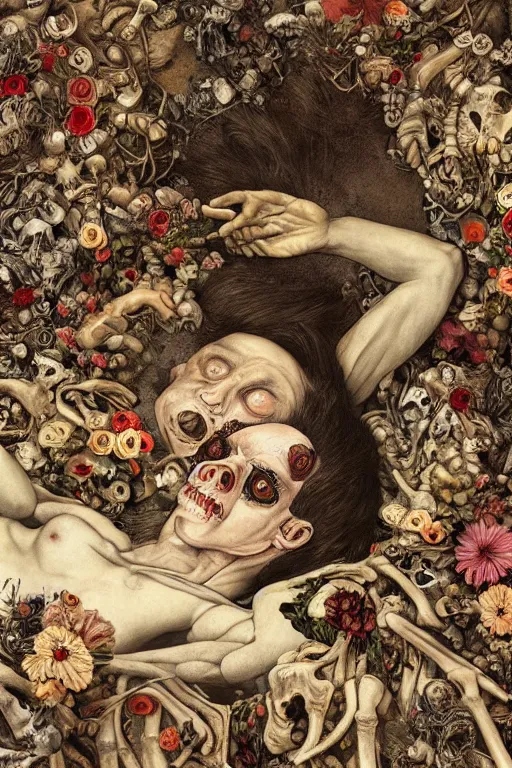 Prompt: a man lying down in bed of bones of flowers, he is sad and has large eyes and lips, very fleshy body, anatomical, HD Mixed media, highly detailed and intricate, surreal illustration in the style of Caravaggio, baroque dark art