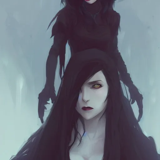 Image similar to female human vampire witch in the style of greg rutkowski, makoto shinkai, trending on artstation, character design, concept art, pretty face, highly detailed, long black hair, portrait, digital art