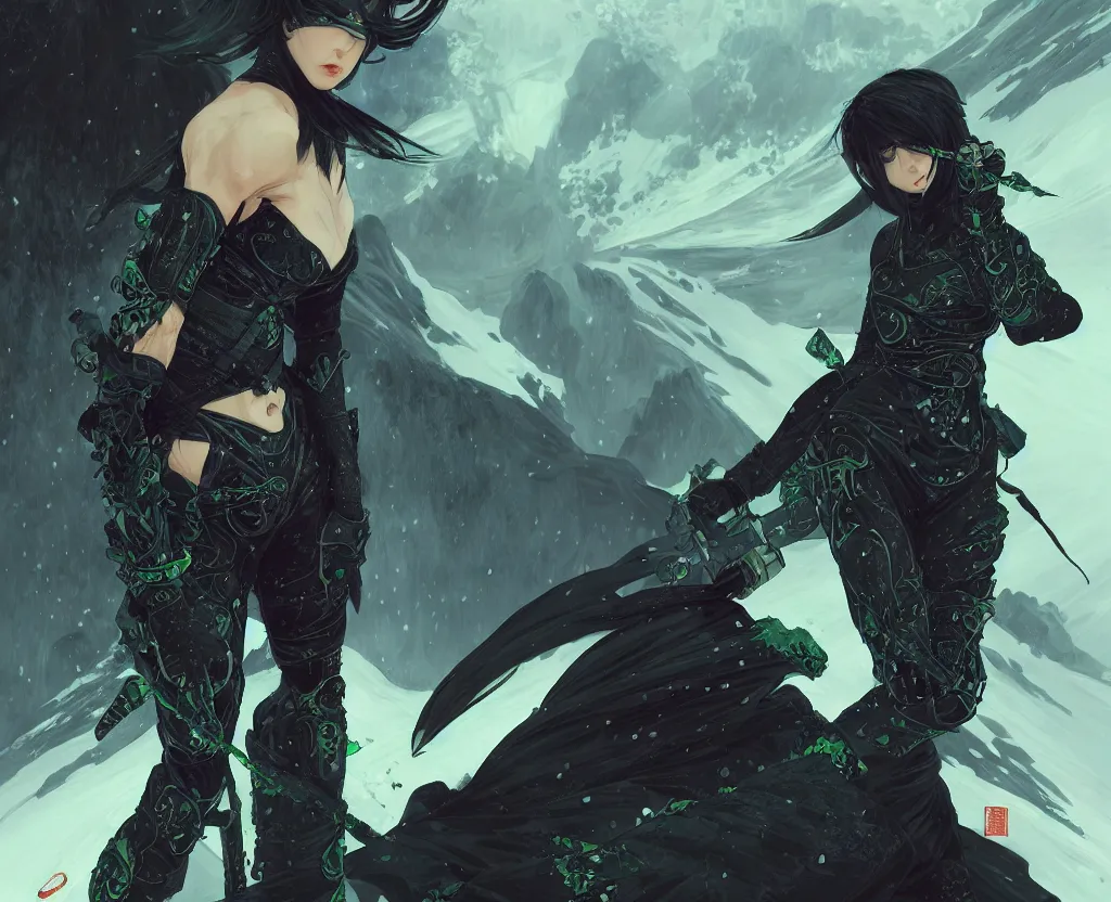 Image similar to portrait ninja gaiden girl, black plus little green ninja wardrobe, at storm snowy fuji mountain sunrise, ssci - fi and fantasy, intricate and very very beautiful, detailed, digital painting, artstation, concept art, smooth and sharp focus, illustration, art by tian zi and wlop and alphonse mucha