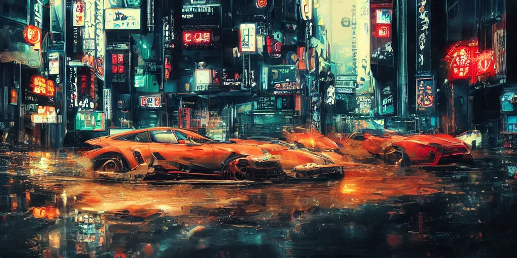 Image similar to tokyo porche 9 1 1 origami neon signs raining, cyberpunk, hyperrealistic, highly detailed, art station greg rutkowski