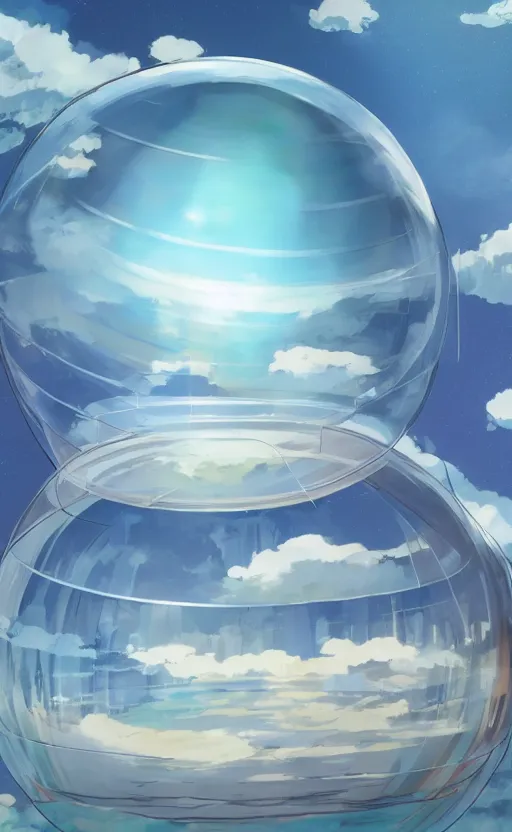 Image similar to an asymmetrical cell - shaded studio ghibli concept art study of a huge silver cube ufo inside a transparent bubble in the sky. wide shot, very dull colors, hd, 4 k, hq